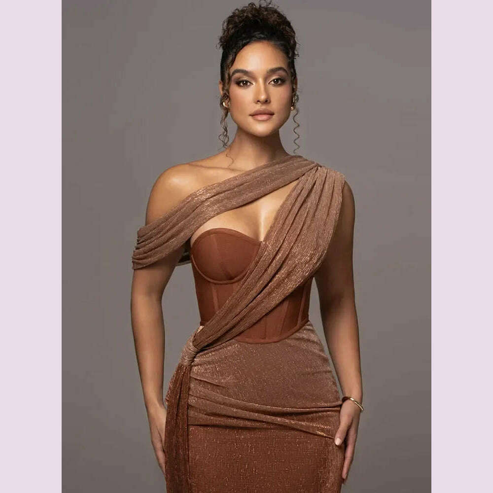 Sexy One Shoulder Draped Glitter Long Dress Women Brown Corset Sparkly Backless Bodycon Maxi Dresses Evening Party Gowns