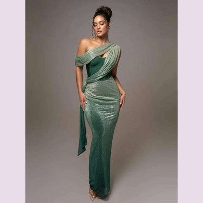 Sexy One Shoulder Draped Glitter Long Dress Women Brown Corset Sparkly Backless Bodycon Maxi Dresses Evening Party Gowns