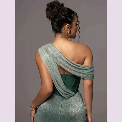 Sexy One Shoulder Draped Glitter Long Dress Women Brown Corset Sparkly Backless Bodycon Maxi Dresses Evening Party Gowns
