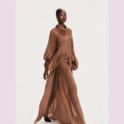 Sexy Stand Collar Long Sleeve Hollow Out Long Dress Women Brown Balck Lantern Sleeve Backless Loose Dresses Party Evening Club