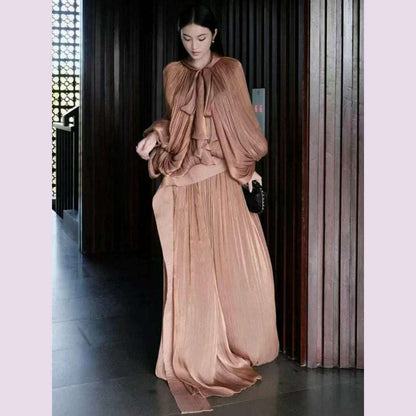 Sexy Stand Collar Long Sleeve Hollow Out Long Dress Women Brown Balck Lantern Sleeve Backless Loose Dresses Party Evening Club