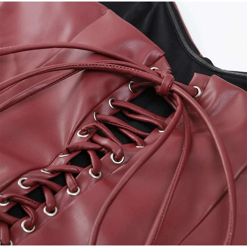 Sexy Woman Strapless Burgundy Slim Leather Long Dress Elegant Back Lace Up Side Slit Sleeveless Dresses 2025 Evening Party Robe