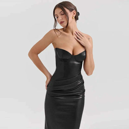 Sexy Woman Strapless Burgundy Slim Leather Long Dress Elegant Back Lace Up Side Slit Sleeveless Dresses 2025 Evening Party Robe