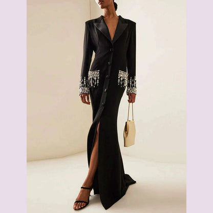 Sexy Women Black White Long Sleev Crystal Design V Necke Diamond Beads Long Dress  Single Breasted Slim Dresses Elegant Evening