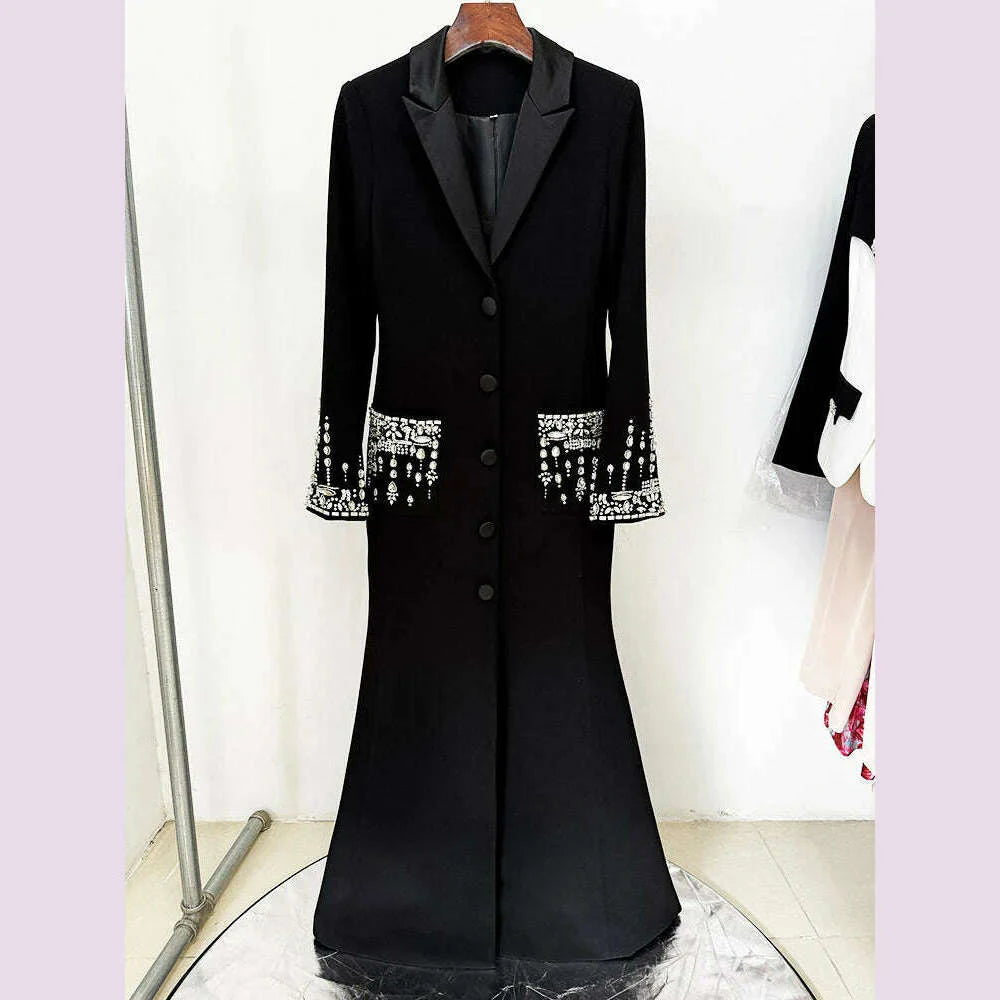 Sexy Women Black White Long Sleev Crystal Design V Necke Diamond Beads Long Dress  Single Breasted Slim Dresses Elegant Evening