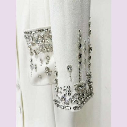 Sexy Women Black White Long Sleev Crystal Design V Necke Diamond Beads Long Dress  Single Breasted Slim Dresses Elegant Evening