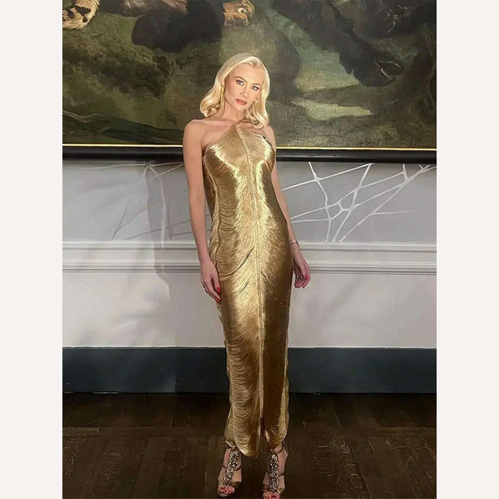 Shiny Metallic Halter Slim Mini Dress For Women Female Sleeveless Backless Bodycon Vestidos Ladies Party Club Evening Robes