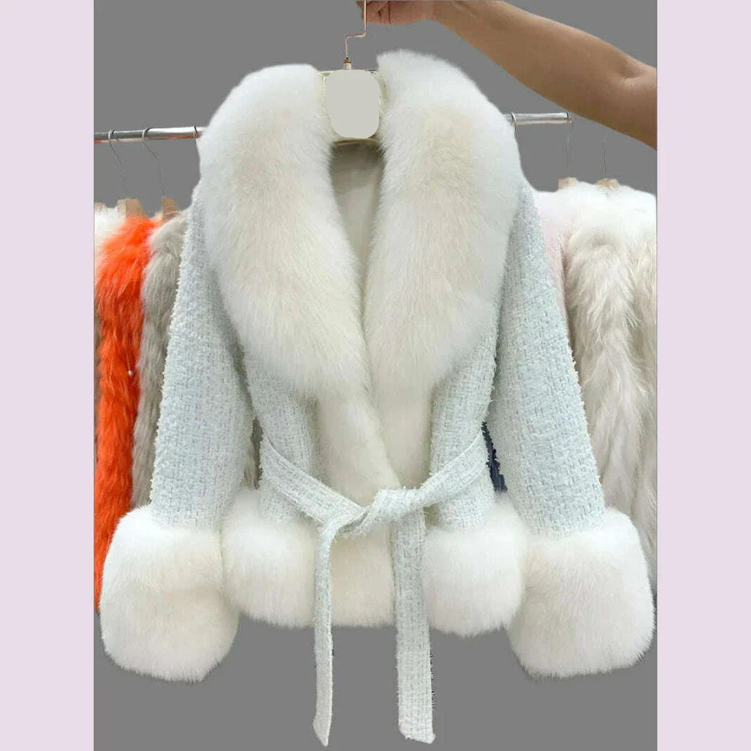 Short Jacket Coat with Real Red Fox Fur Collar for Women, Front and Belt, Elegant Fur, Green Color, Autumn and Winter Coat
