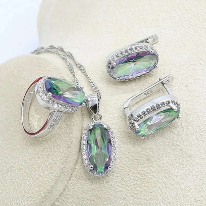 Silver 925 Jewelry Set Bridal For Women Rainbow Topaz Wedding Bracelet Necklace Rings Birthday Gift
