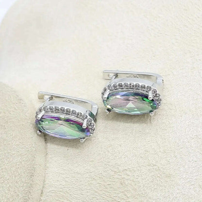Silver 925 Jewelry Set Bridal For Women Rainbow Topaz Wedding Bracelet Necklace Rings Birthday Gift