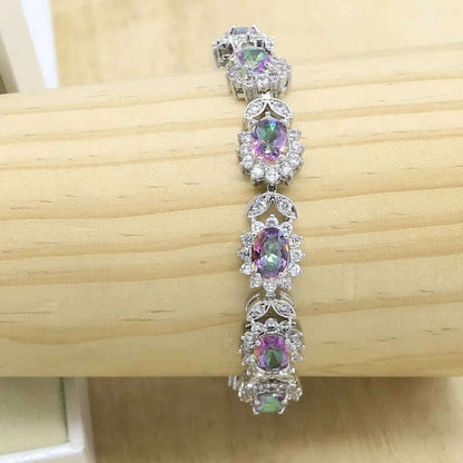 Silver 925 Jewelry Set Bridal For Women Rainbow Topaz Wedding Bracelet Necklace Rings Birthday Gift