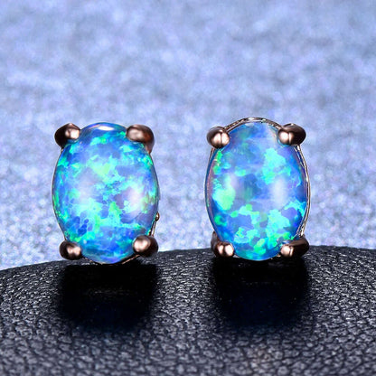 Silver Color Cute Oval Green Opal Stone Stud Earrings for Women Dainty Classic 4 Claws Natural Fire Opal Stone Students Earrings