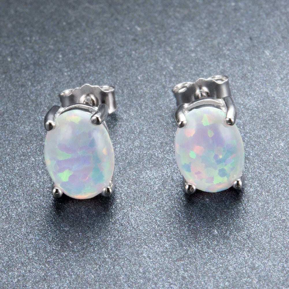 Silver Color Cute Oval Green Opal Stone Stud Earrings for Women Dainty Classic 4 Claws Natural Fire Opal Stone Students Earrings