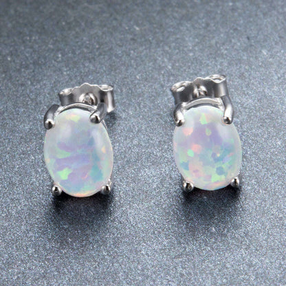 Silver Color Cute Oval Green Opal Stone Stud Earrings for Women Dainty Classic 4 Claws Natural Fire Opal Stone Students Earrings