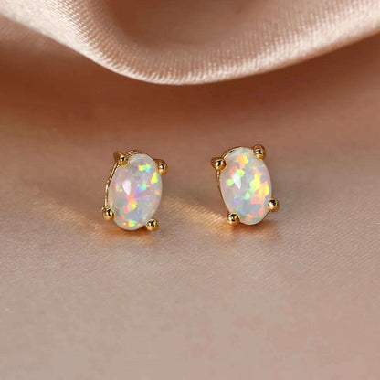 Silver Color Cute Oval Green Opal Stone Stud Earrings for Women Dainty Classic 4 Claws Natural Fire Opal Stone Students Earrings