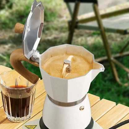 Single Valve Octagonal Coffee Pot Aluminum Moka Pot Extraction for Italian Coffee Machine with Anti-scald Wood Handle 150/300ml