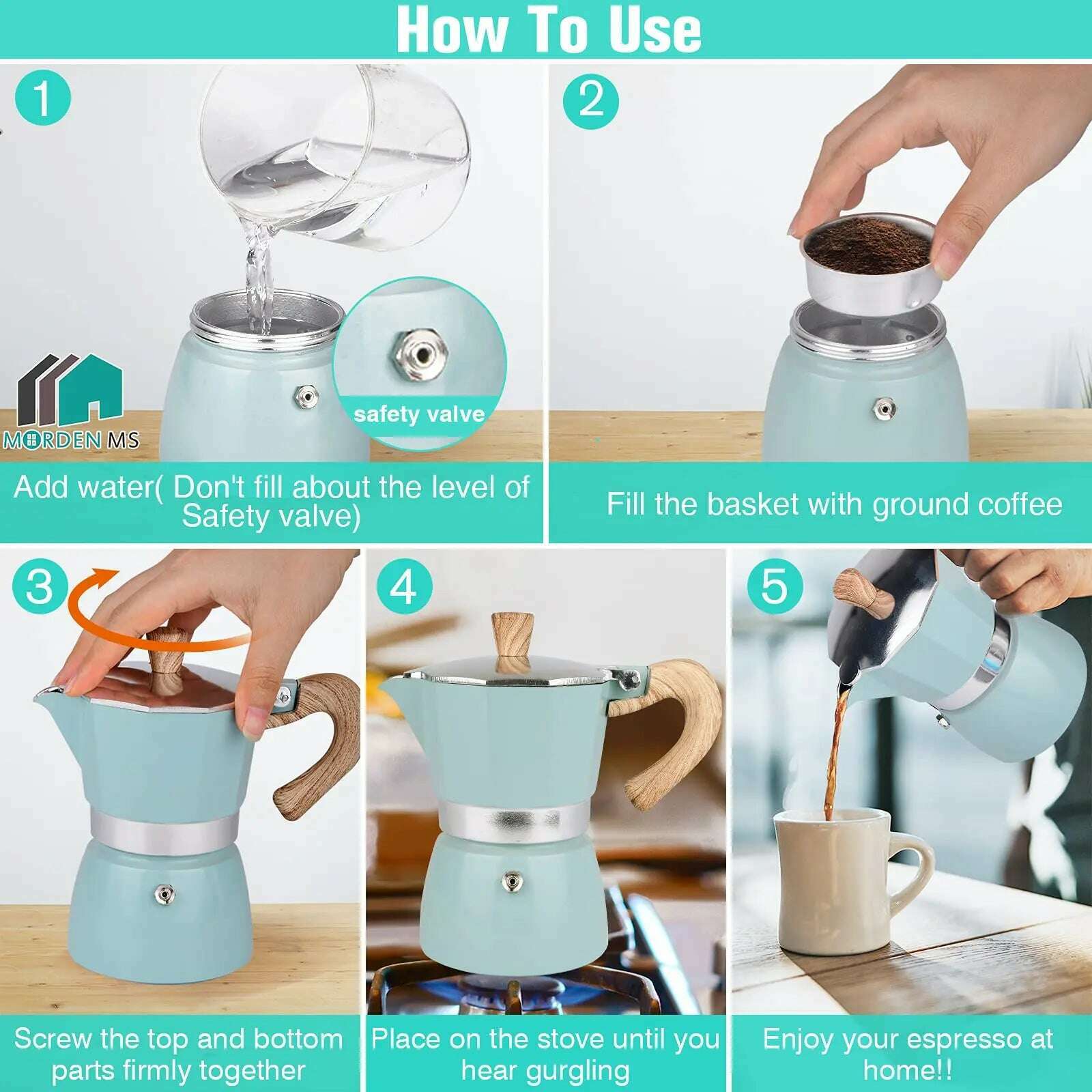 Single Valve Octagonal Coffee Pot Aluminum Moka Pot Extraction for Italian Coffee Machine with Anti-scald Wood Handle 150/300ml