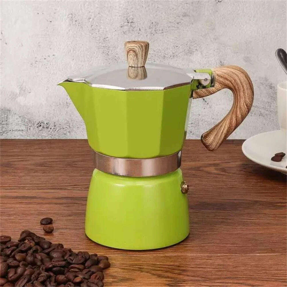 Single Valve Octagonal Coffee Pot Aluminum Moka Pot Extraction for Italian Coffee Machine with Anti-scald Wood Handle 150/300ml