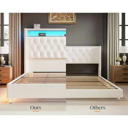 Size Bed Frame 53.6'' Tall Headboard LED Lights and Charging Station, Velvet Hign Upholstered Platform Bed Wingb