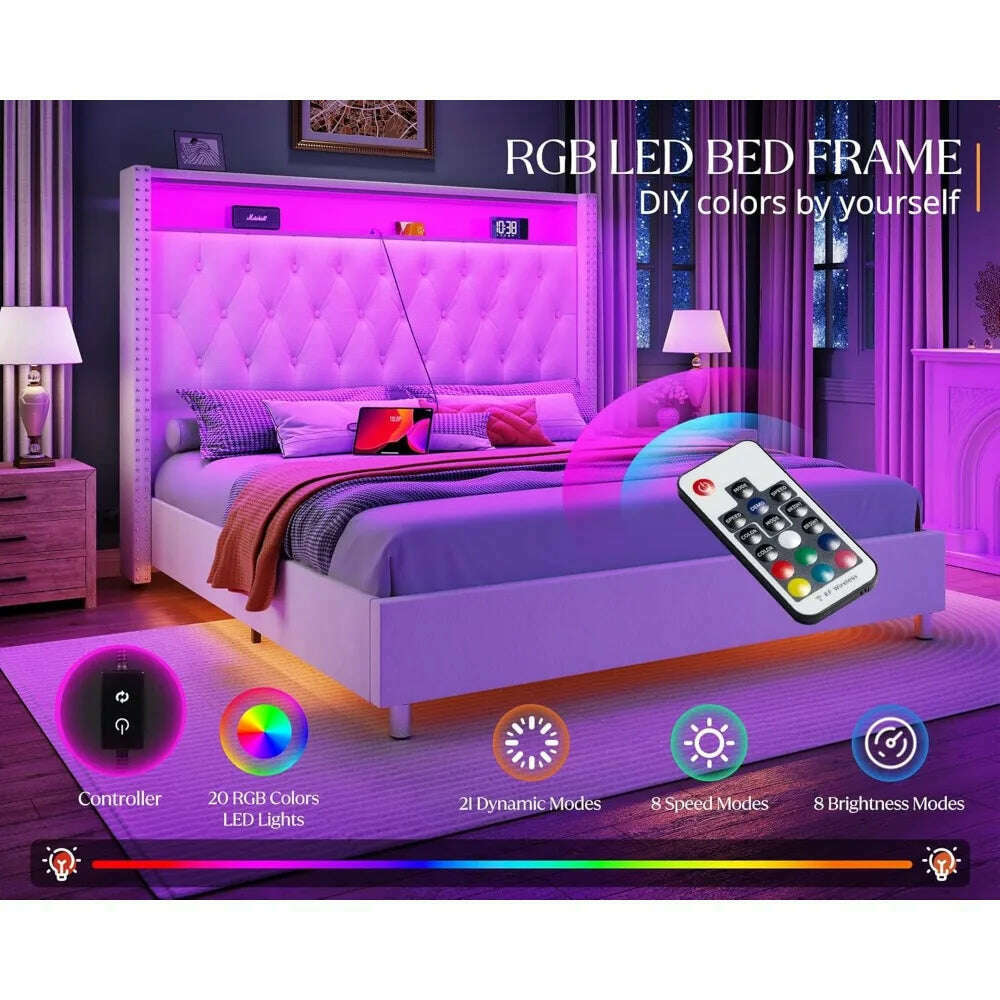 Size Bed Frame 53.6'' Tall Headboard LED Lights and Charging Station, Velvet Hign Upholstered Platform Bed Wingb