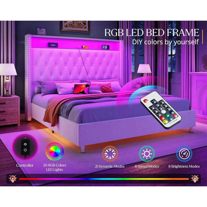 Size Bed Frame 53.6'' Tall Headboard LED Lights and Charging Station, Velvet Hign Upholstered Platform Bed Wingb
