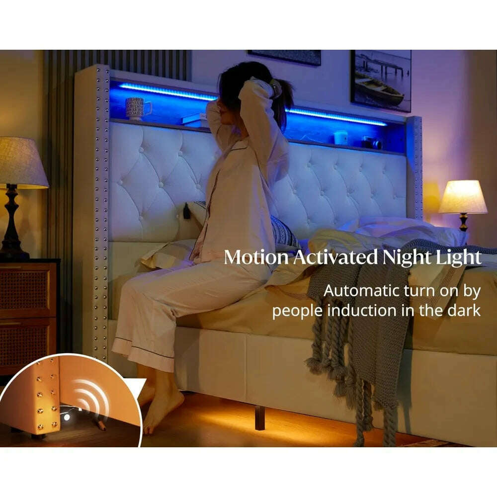 Size Bed Frame 53.6'' Tall Headboard LED Lights and Charging Station, Velvet Hign Upholstered Platform Bed Wingb