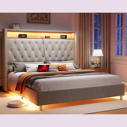 Size Bed Frame 53.6'' Tall Headboard LED Lights and Charging Station, Velvet Hign Upholstered Platform Bed Wingb