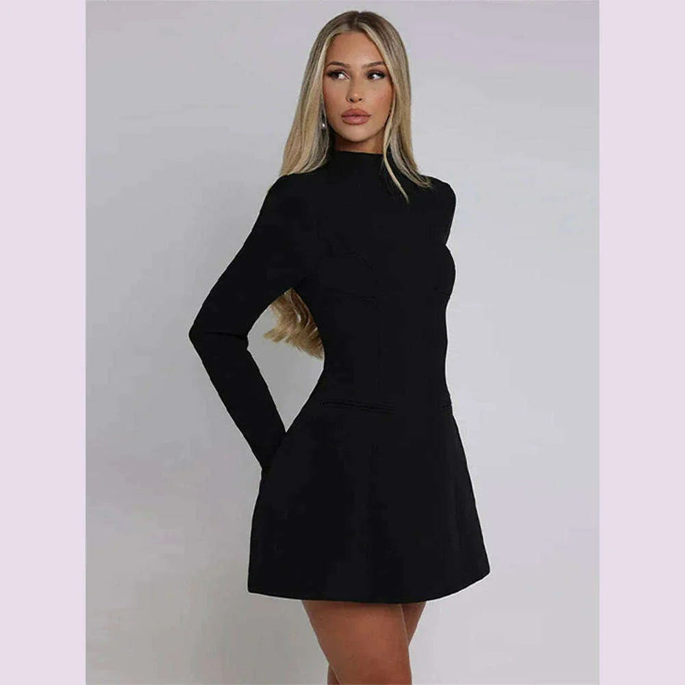 Solid Backless Dress Women Elegant Half High Collar Long Sleeve High Waist Female A Line Dresses Ladies Party Club Evening Gowns