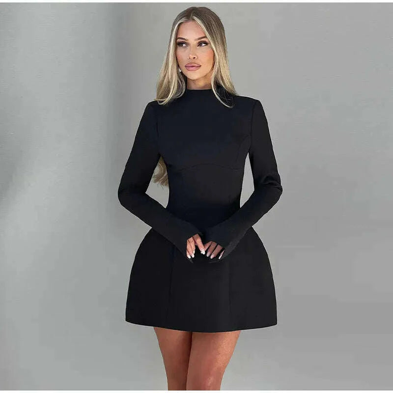 Solid Backless Dress Women Elegant Half High Collar Long Sleeve High Waist Female A Line Dresses Ladies Party Club Evening Gowns