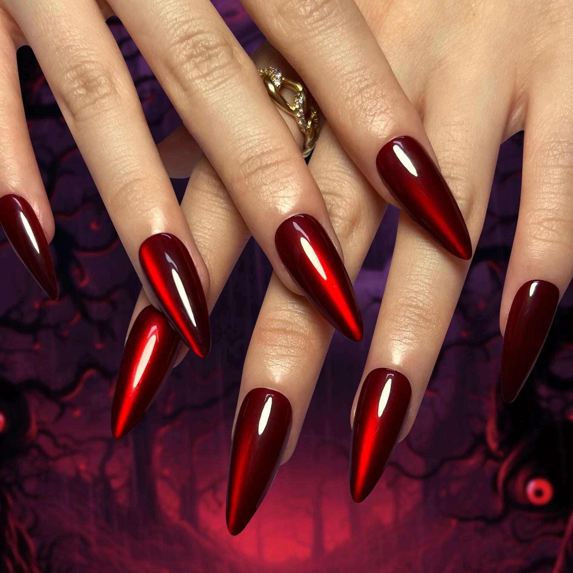 Sparkling Red Cat Eye Solid Color Fake Nail Halloween Fashion Detachable Finished False Nails Press on Nails with Glue Wholesale