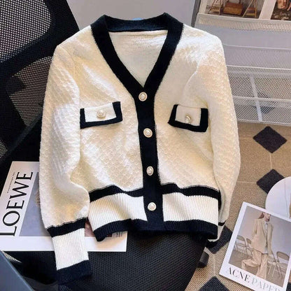 Spring Autumn Color Blocking Tweed Style Women's Petite Cropped Sweater Jacket Long Sleeve Knitted Cardigan Top Versatile