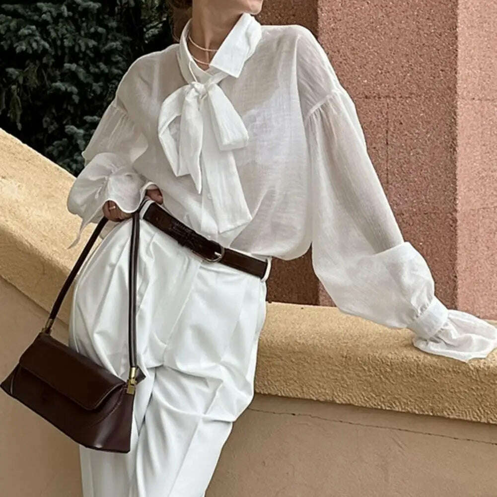 Spring Autumn Fashion White Ruffled Elegant Blouse Top Women New Long Sleeve Lapel Woman Shirt Solid Office Ladies Loose Tops