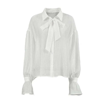Spring Autumn Fashion White Ruffled Elegant Blouse Top Women New Long Sleeve Lapel Woman Shirt Solid Office Ladies Loose Tops