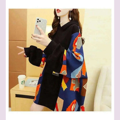 Spring Autumn Women's Sweatshirt Korean Loose Medium And Long Patchwork Print Hoodies Thin Long Sleeves Tops Female