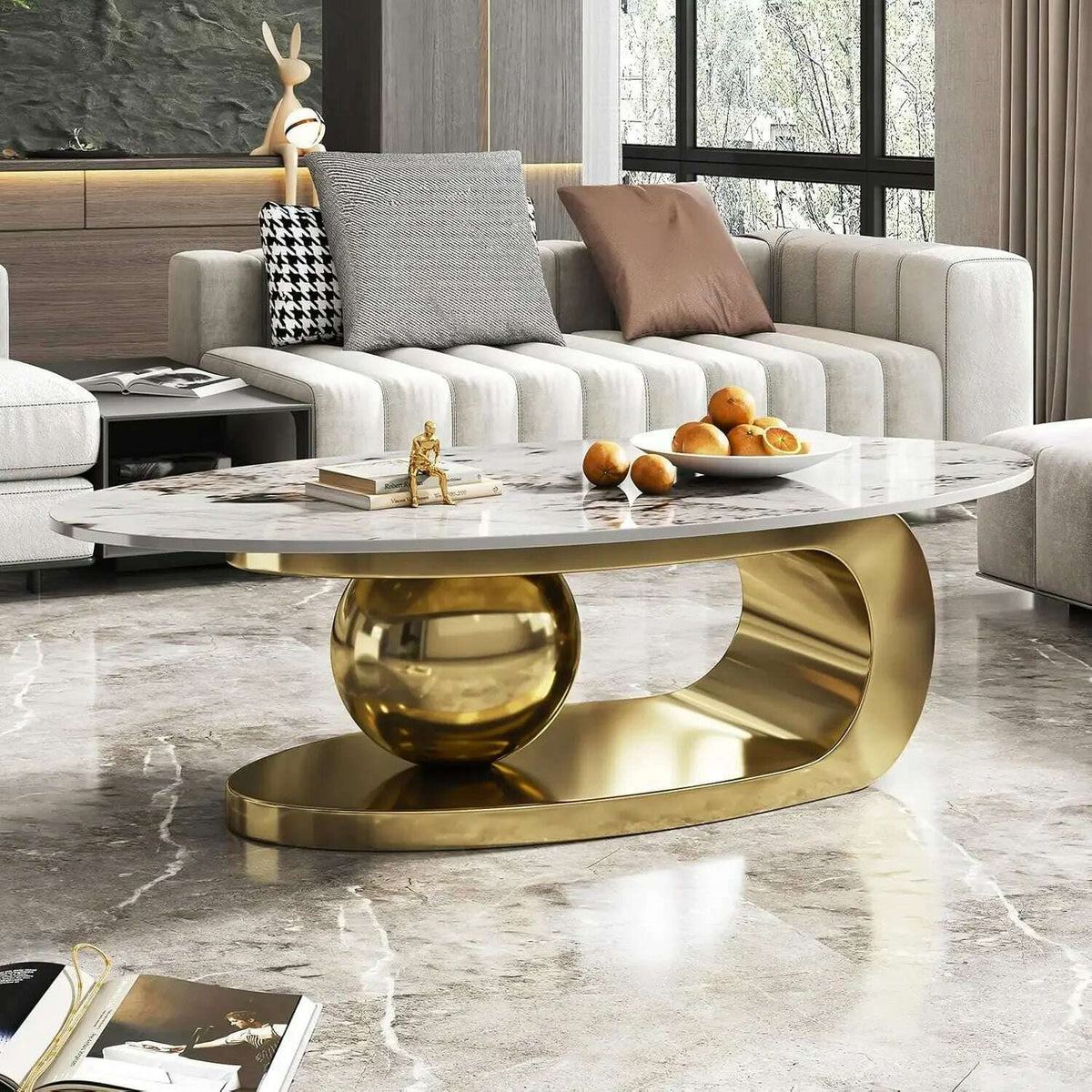 Stone Coffee Table with Abstract Gold Metal Base - Perfect Centerpiece for Stylish Living Rooms-Gold,51" Lx28 Wx16.5
