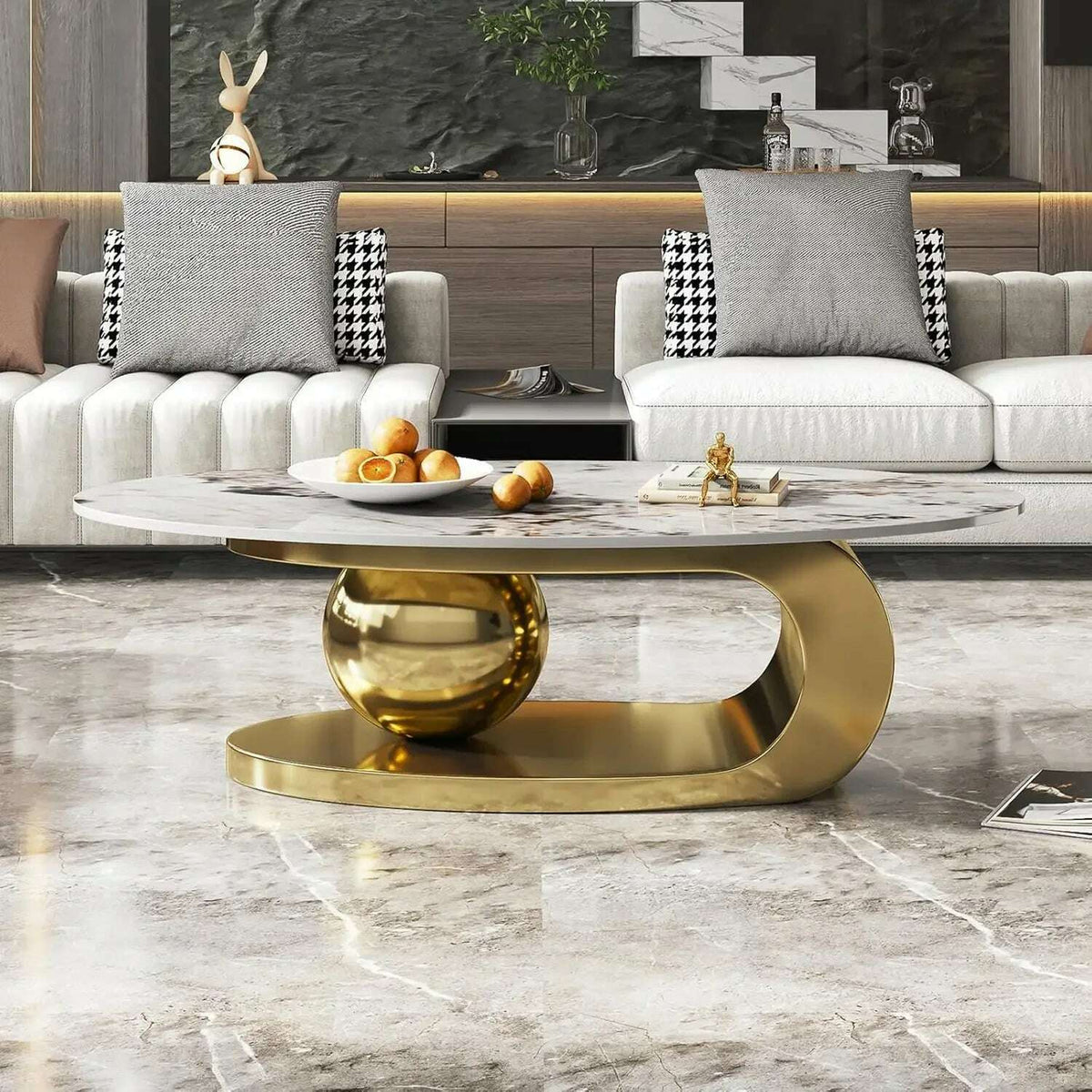 Stone Coffee Table with Abstract Gold Metal Base - Perfect Centerpiece for Stylish Living Rooms-Gold,51" Lx28 Wx16.5