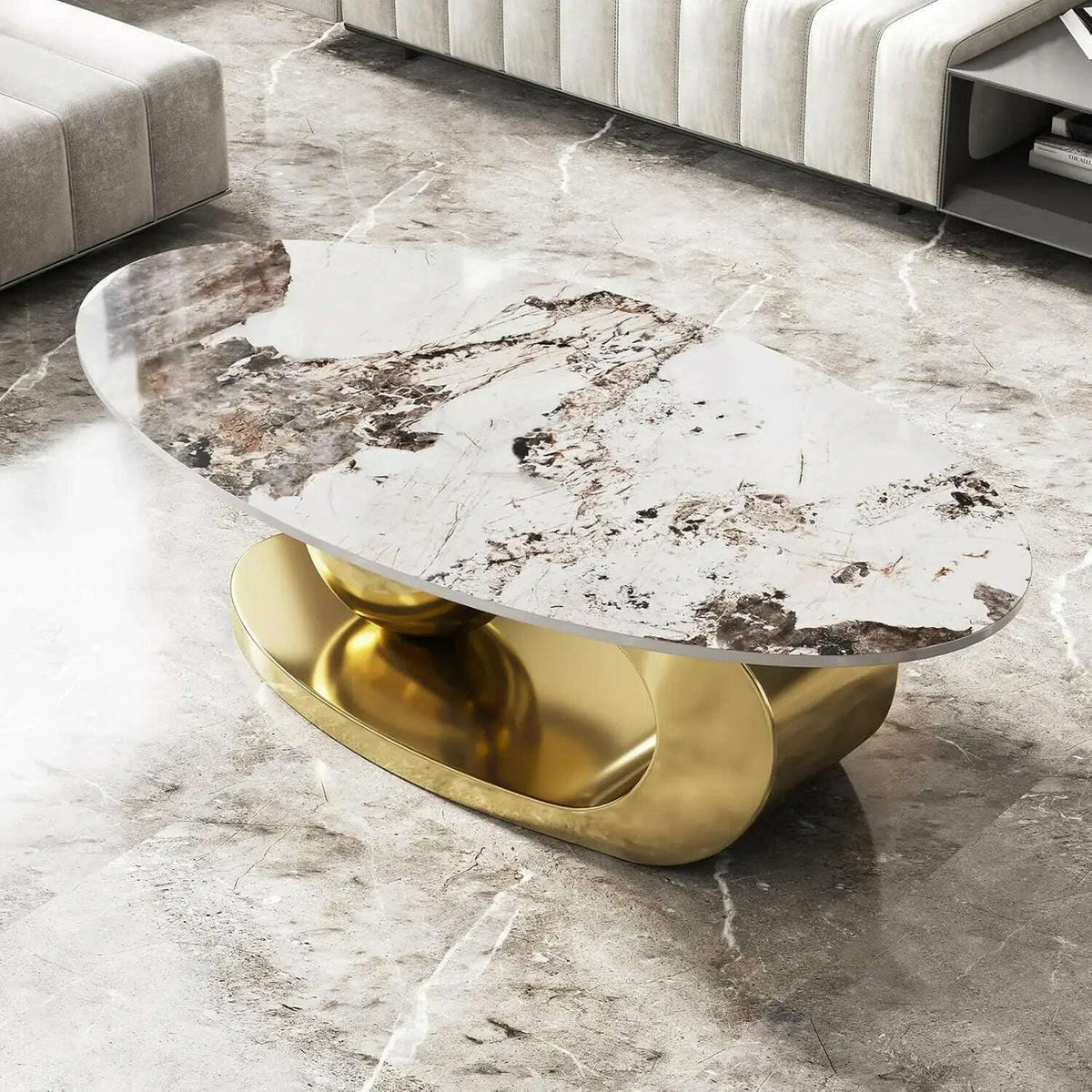 Stone Coffee Table with Abstract Gold Metal Base - Perfect Centerpiece for Stylish Living Rooms-Gold,51" Lx28 Wx16.5