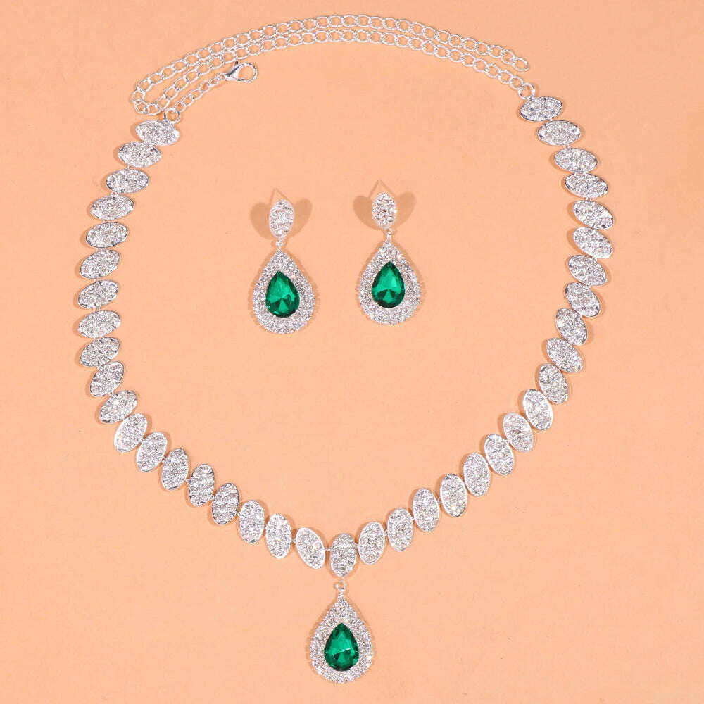 Stonefans Exquisite Round Crystal Necklace Set Wedding for Women Green Water Drop Rhinestone African Jewelry Set Bridal Gifts