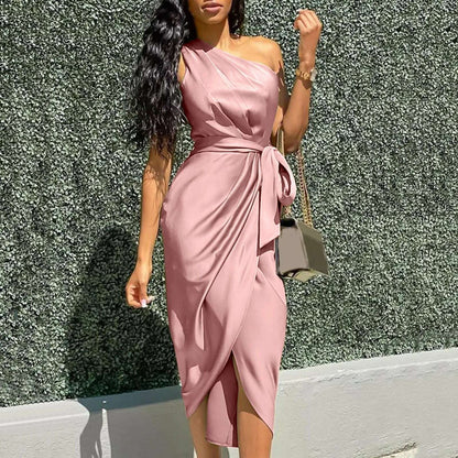Summer Dresses Women Green Sexy One Shoulder Satin Asymmetrical Ruched Midi Evening Party Prom Dress Gown Bandage Plus Size Robe