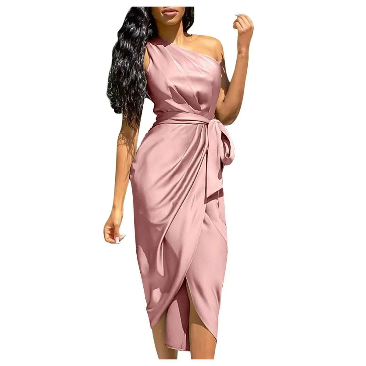 Summer Dresses Women Green Sexy One Shoulder Satin Asymmetrical Ruched Midi Evening Party Prom Dress Gown Bandage Plus Size Robe