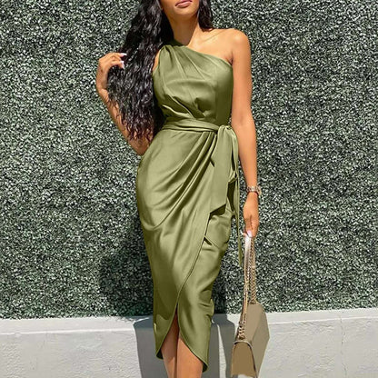 Summer Dresses Women Green Sexy One Shoulder Satin Asymmetrical Ruched Midi Evening Party Prom Dress Gown Bandage Plus Size Robe