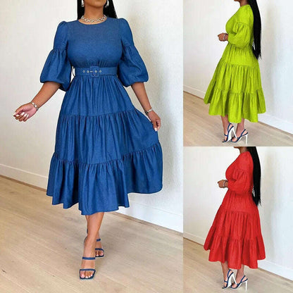 Summer Dresses Women Pleated Large Swing Skirt Round Neck Puff Medium Sleeved Denim Skirts Belt Long Womens Solid Dresses