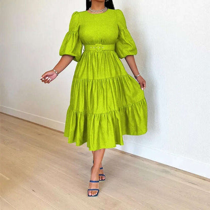 Summer Dresses Women Pleated Large Swing Skirt Round Neck Puff Medium Sleeved Denim Skirts Belt Long Womens Solid Dresses