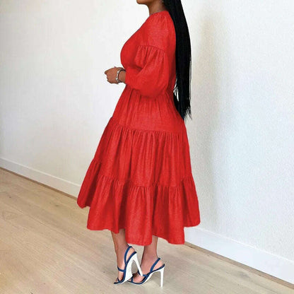 Summer Dresses Women Pleated Large Swing Skirt Round Neck Puff Medium Sleeved Denim Skirts Belt Long Womens Solid Dresses