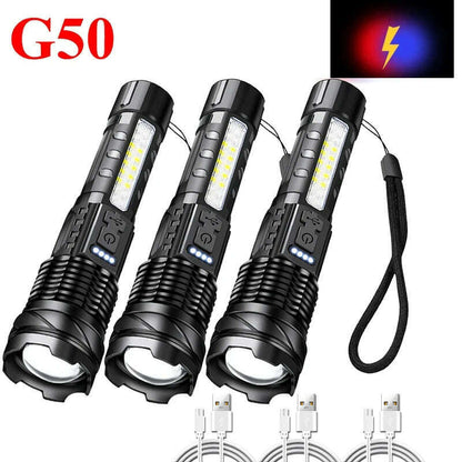 Super Bright P70/G50 Flashlight Powerful 8Modes Emergency Tactical Power Display Light 18650 Built-in Rechargeable T6+COB Torch