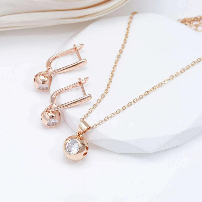 SYOUJYO Fashion 585 Rose Gold Color Jewelry Set Natural Zircon Orb Dangle Earrings Necklace Luxury Anniversary Gift