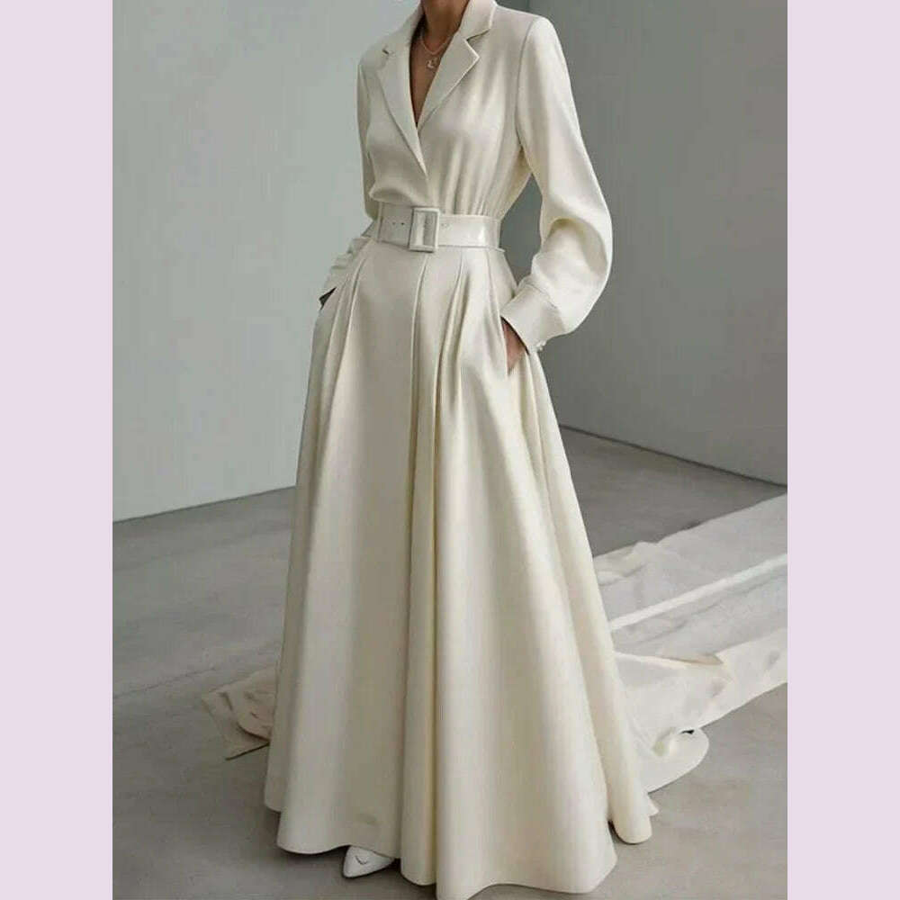Tinaa Party Evening Dresses for Women White Maxi Dress Elegant Long Sleeves Loose No Belt Notched Collar Dresses Women Clothing