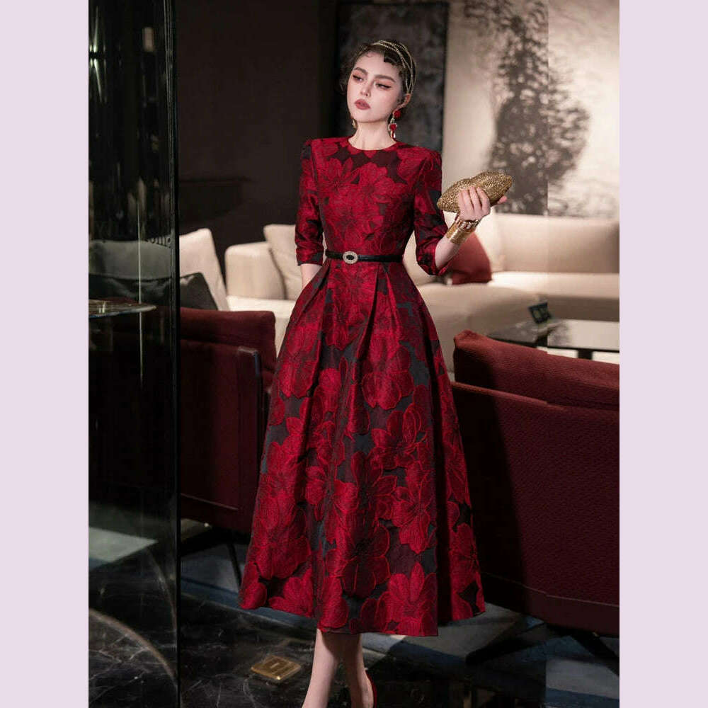 Tingfly Runway Designer High Quality Flower Jacard A Line Ball Gowns Party Dinner Dresses with Belt Lady Elegant Dress