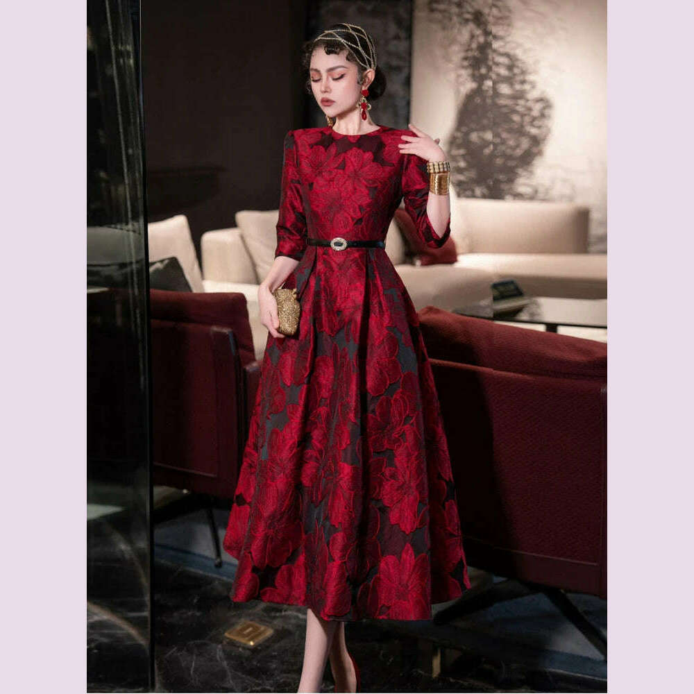 Tingfly Runway Designer High Quality Flower Jacard A Line Ball Gowns Party Dinner Dresses with Belt Lady Elegant Dress