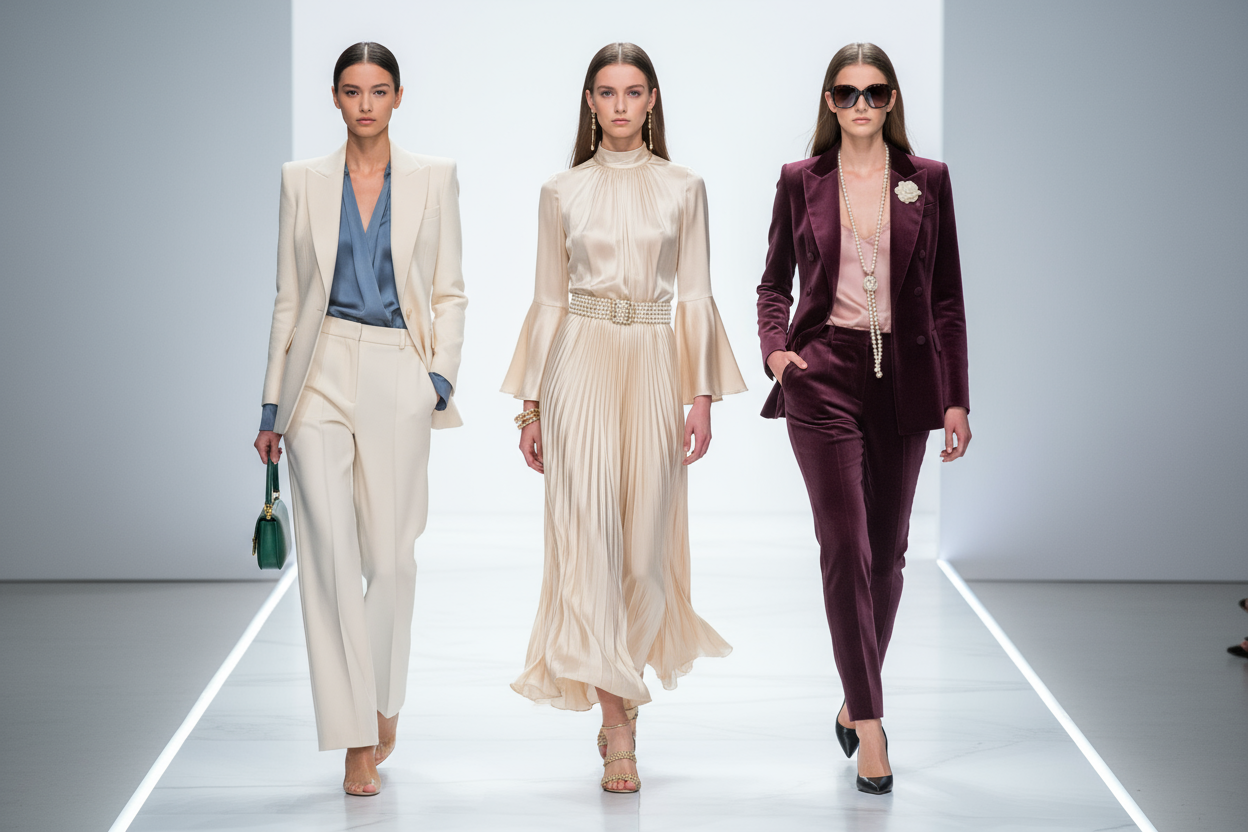 Tree girls on the catwalk really impressive posture - Wearing fashion esthetic that illustrates our new modern, chic colors fashion new  arrivals  High End Fashion esthetic - Matching old Money sophisticated chic and wearing modern 2025 High Heels -  with the image  background  color snow white